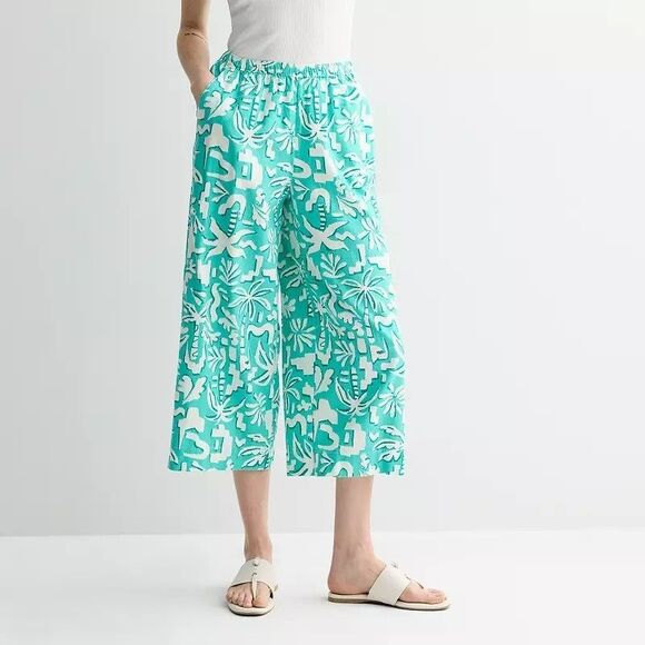 Sonoma Pants - Sonoma Linen Blend Wide Leg Cropped Pants Womens L Turquoise Beach Vacation NEW